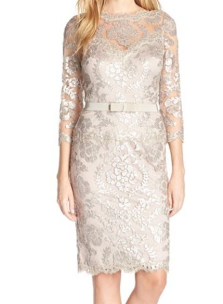 画像1: Tadashi Shoji　　　Sequin Lace Cocktail Dress 　SAND ベージュ系、グレー系 (1)