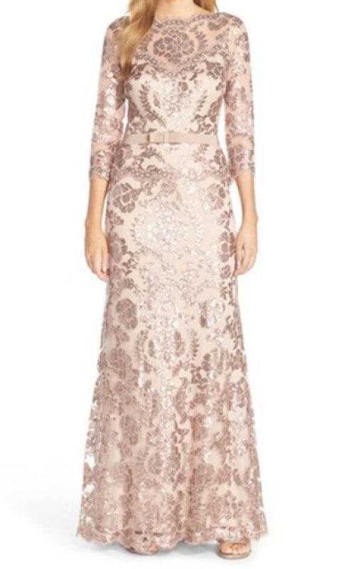 画像1: Tadashi Shoji   Lace Bow-Waist Gown   ローズ系 ピンク系 (1)