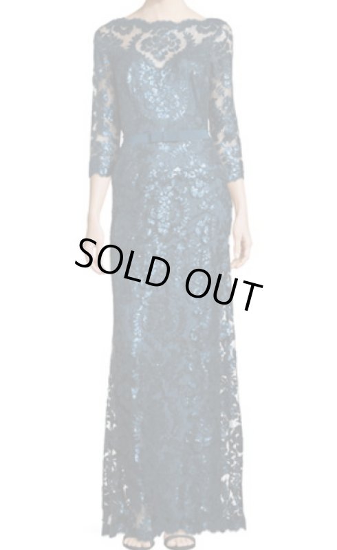 画像1: Tadashi Shoji   Lace Bow-Waist Gown   Starry Night 　ブルー系、グリーン系 (1)