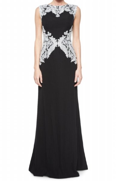 画像1: Tadashi Shoji      Sleeveless Lace-Embellished Gown ブラック (1)