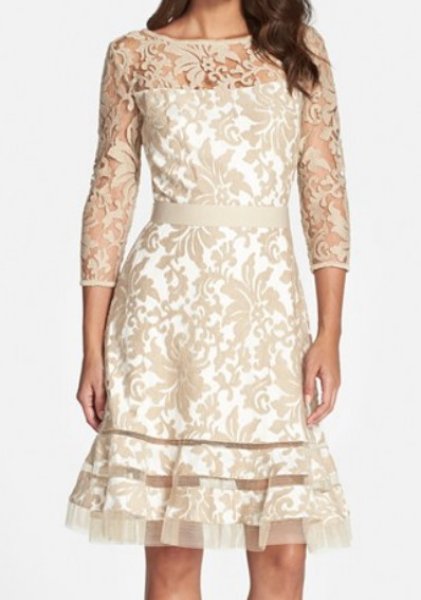 画像1: Tadashi Shoji       Lace Overlay Dress ベージュ系 (1)