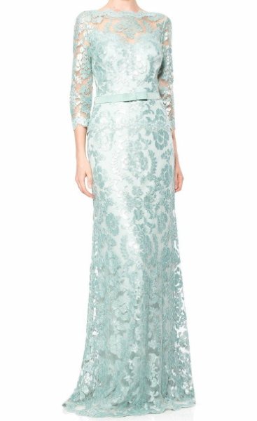 画像1: Tadashi Shoji   Lace Bow-Waist Gown   ミント ブルー系 (1)