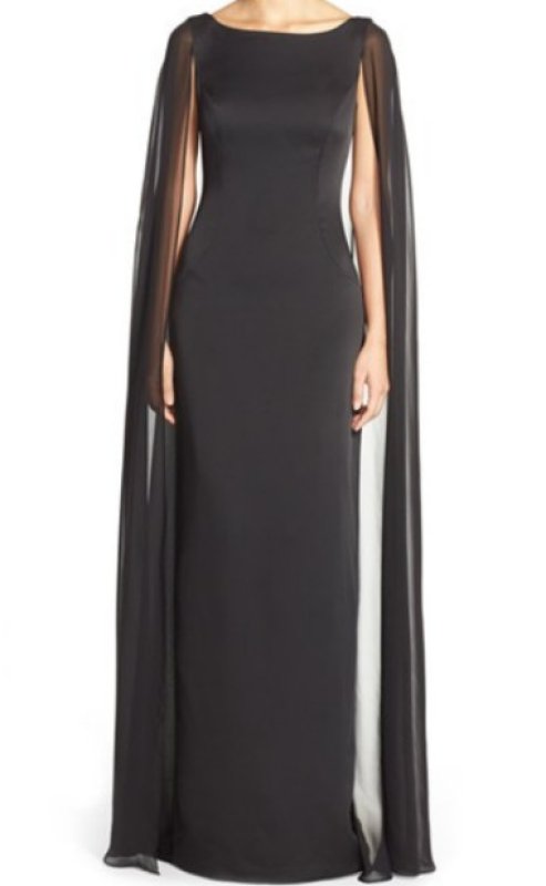 画像1: Adrianna Papell　　　Satin Column Gown with Chiffon Cape ブラック 07263 (1)