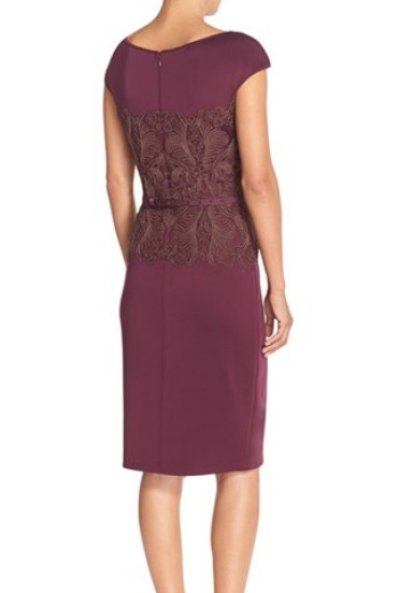 画像1: Tadashi Shoji    Belted Lace-Bodice Sheath Dress　ブラックベリー