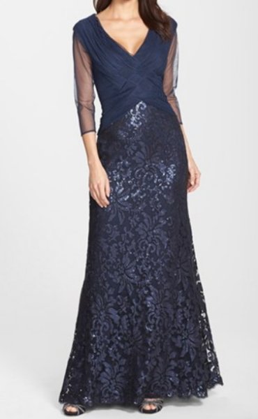 画像1: Tadashi Shoji  タダシショージ  Sequin Lace Gown　ネイビー (1)