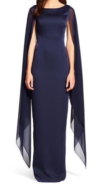 画像1: Adrianna Papell　　　Satin Column Gown with Chiffon Cape インク (1)