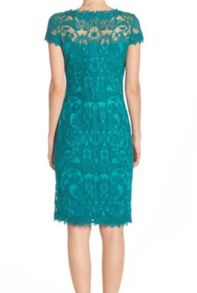 画像2: 【ヴァンサンカン掲載】Tadashi Shoji    Corded Embroidery on Tulle Cap Sleeve Dress アクア ブルー系、グリーン系 (2)