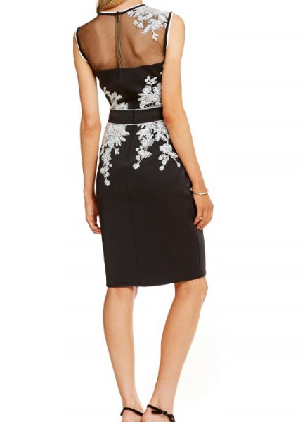 画像2: 【田中美里さんご着用、ドラマ使用】Tadashi Shoji  タダシショージ   Embroidered Illusion Neck Sheath Dress ブラック (2)