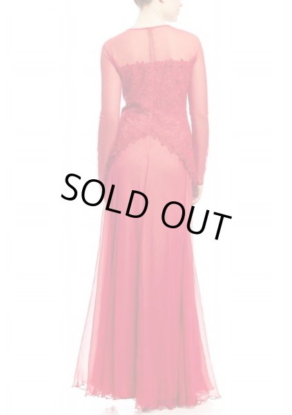 画像2: Tadashi Shoji    Beaded Mesh Bodice Chiffon Skirt Gown レッド (2)