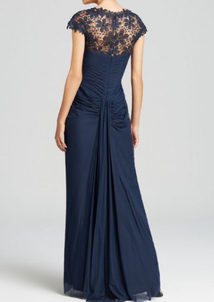 画像2: Tadashi Shoji    Beaded Illusion Bodice Mesh Gown ネイビー系 (2)