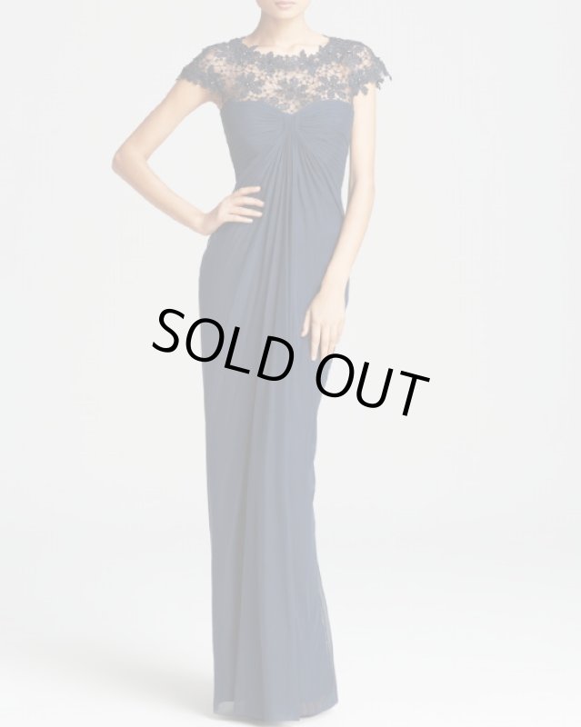 画像1: Tadashi Shoji タダシショージ   Beaded Illusion Bodice Mesh Gown　ネイビー (1)