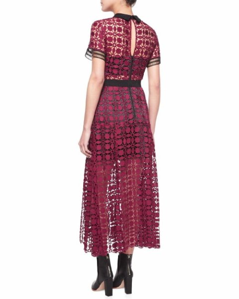 画像2: 再販売!【パリスヒルトン、オリビアパレルモ愛用】Self Portrait   Guipure-Lace Midi Dress Burgundy (2)