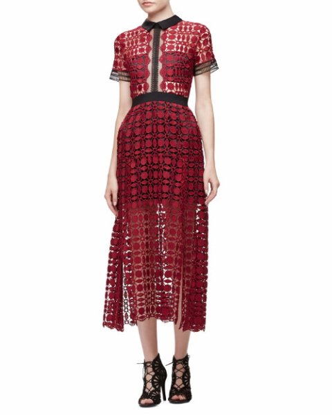 画像1: 再販売！【パリスヒルトン、オリビアパレルモ愛用】Self Portrait　　 Guipure-Lace Midi Dress　Burgundy (1)