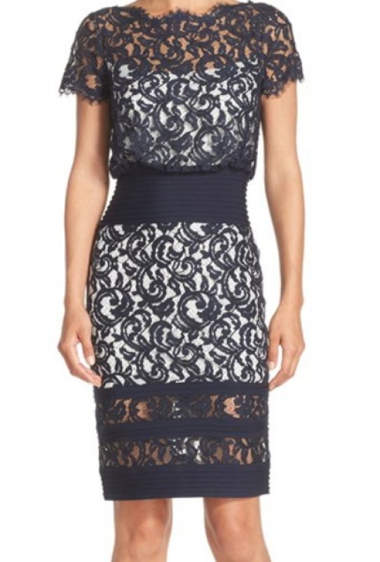 画像2: Tadashi Shoji     Mixed Media Blouson Dressネイビー (2)