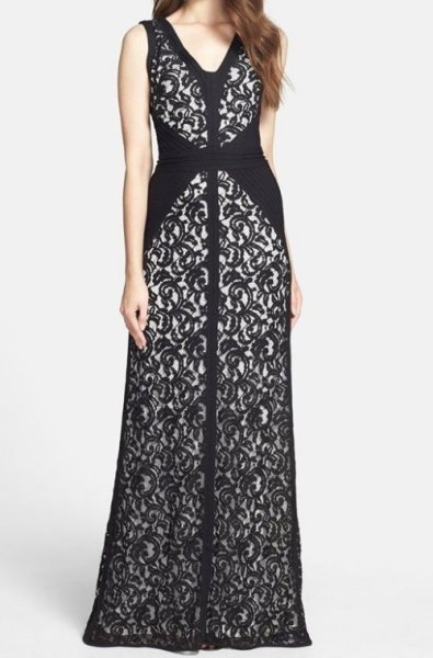 画像1: Tadashi Shoji   Lace & Tape Trim Gown　ブラック (1)