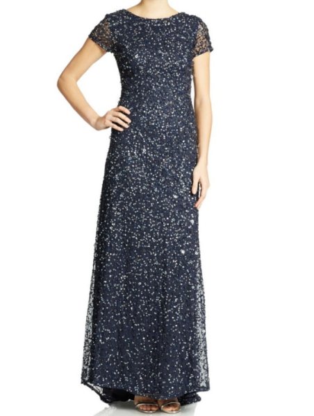 画像1: Adrianna Papell　　　Sequin Beaded Embellished Mesh Gown ネイビー (1)