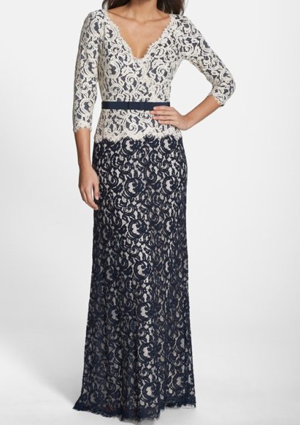 画像1: Tadashi Shoji   Vネック Two-Tone Lace Combo Gown ネイビー (1)