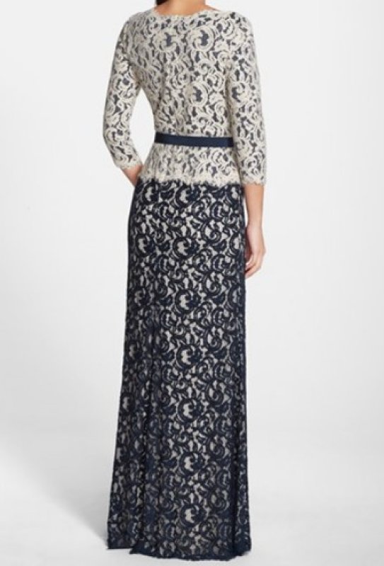 画像2: Tadashi Shoji   Vネック Two-Tone Lace Combo Gown ネイビー (2)