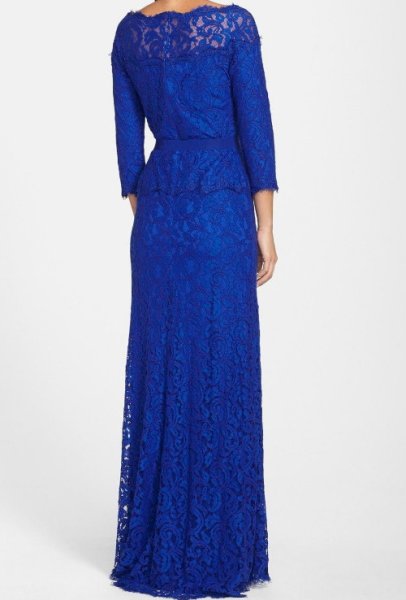 画像2: Tadashi Shoji タダシショージ AMBERLY belted   Lace Combo Gown ラピス ブルー系 (2)