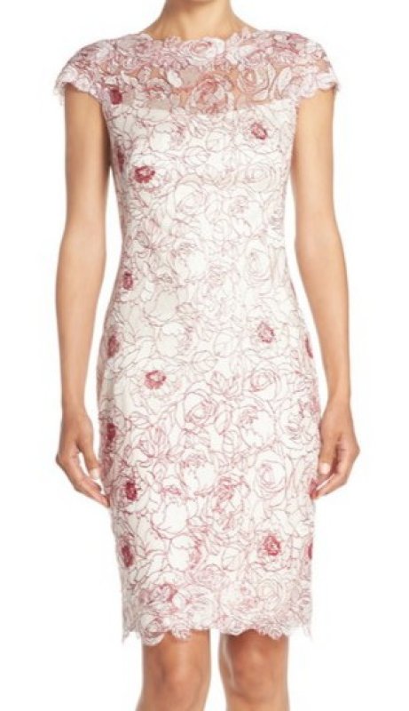 画像1: 【滝川クリステルさんご着用、ヴァンサンカン掲載】Tadashi Shoji    Embroidered Mesh Sheath Dress ルージュ (1)