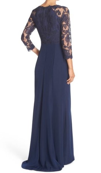 画像2: Tadashi Shoji      Three-Quarter Sleeve Lace and Crepe Gown ネイビー (2)