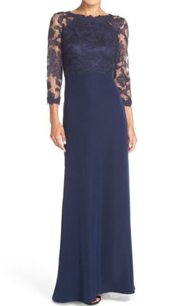 画像1: Tadashi Shoji      Three-Quarter Sleeve Lace and Crepe Gown　ネイビー (1)