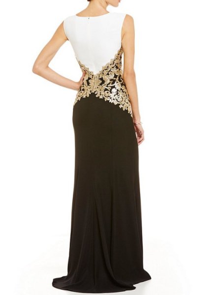 画像2: Tadashi Shoji タダシショージ  Metallic Two-Toned Embroidered Waist Gown ブラック  (2)