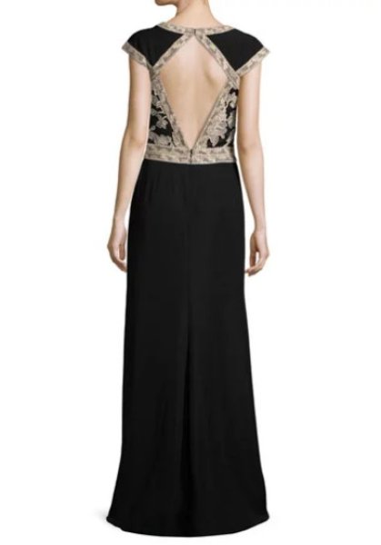 画像2: Tadashi Shoji タダシショージ Cap-Sleeve Lace-Trim Crepe Column Gown ブラック (2)