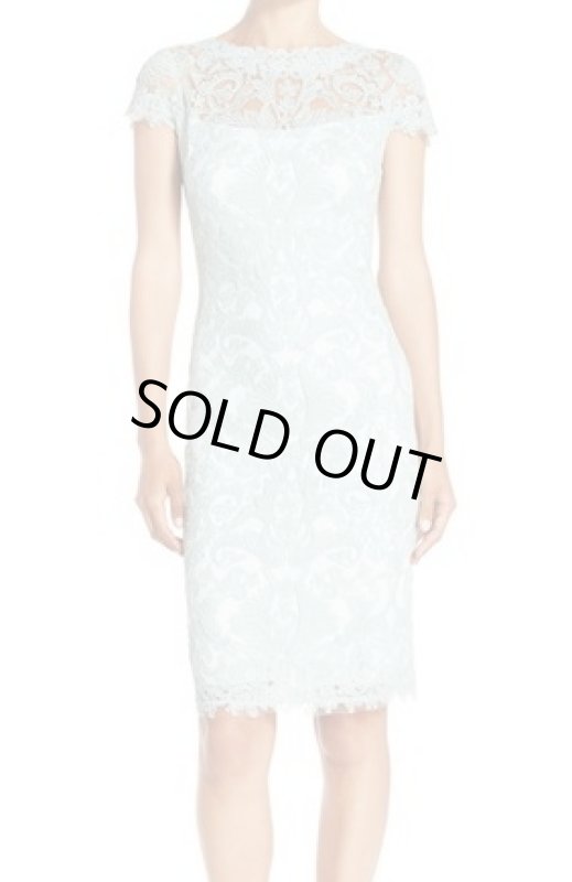 画像1: 【雑誌掲載】Tadashi Shoji  タダシショージ Corded Embroidery on Tulle Cap Sleeve Dress　ミント　ブルー系 (1)