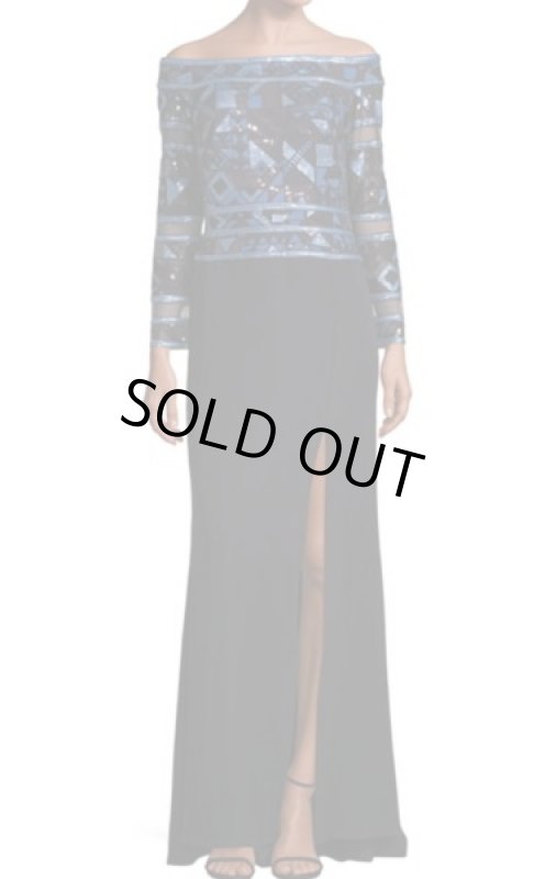 画像1: Tadashi Shoji  パーティードレス Embellished Off-The-Shoulder Gownブラック (1)