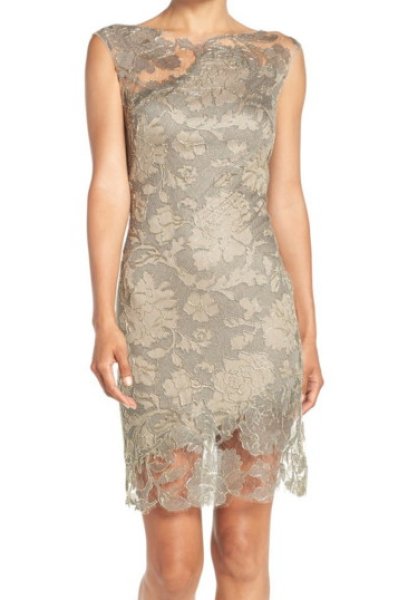 画像1: Tadashi Shoji  パーティードレス　　Embroidered Lace Dress　スモークパール (1)