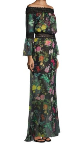 画像4: セール再販売！Tadashi Shoji タダシショージ　Missy-8 Off-the-Shoulder Floral Printed Sheer Gown ブラック  08091 (4)
