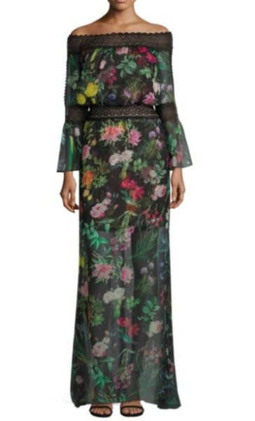 画像1: 再販売！Tadashi Shoji タダシショージ　Missy-8 Off-the-Shoulder Floral Printed Sheer Gown ブラック　 (1)