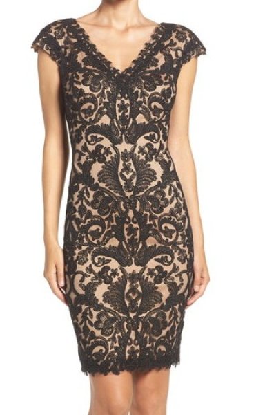 画像1: Tadashi Shoji  タダシショージ 　Corded Lace Tulle Sheath Dress　ブラック (1)