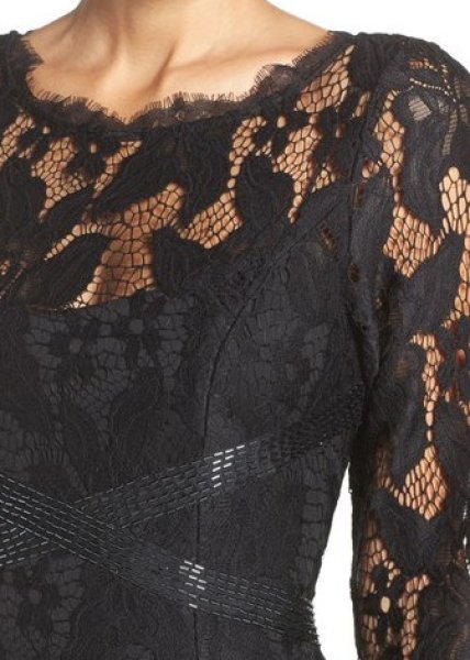 画像4: Adrianna Papell アドリアナパペル パーティードレス  Illusion Yoke Lace Gown ブラック (4)