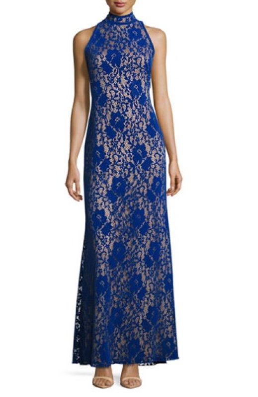 画像1: セール！Tadashi Shoji タダシショージ　Sage Velvet Floral Lace Gown　ブルー系 (1)