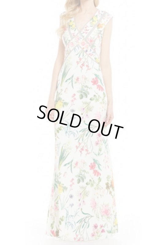 画像1: Tadashi Shoji タダシショージ　 Cap Sleeve V-Back Floral Chiffon Gown　ホワイト (1)