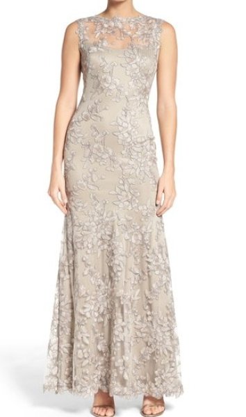 画像1: Tadashi Shoji   タダシショージ　Embroidered Tulle Gown ベージュ系 (1)