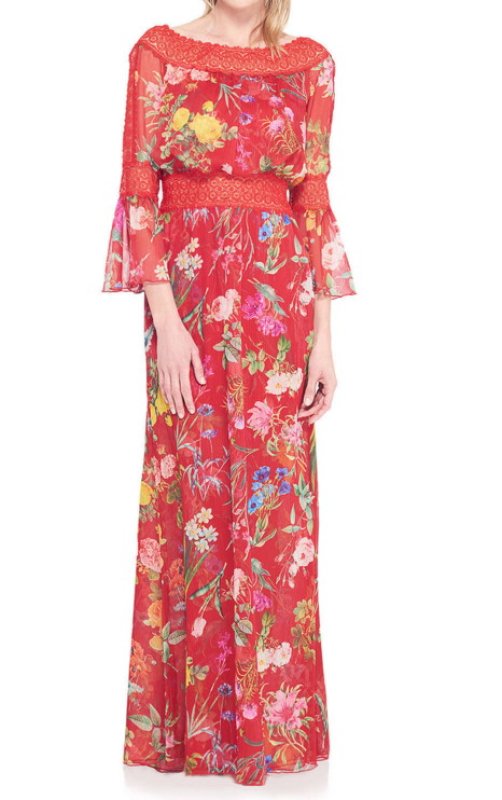 画像1: セール！Tadashi Shoji タダシショージ　Missy-8 Off-the-Shoulder Floral Printed Sheer Gown　 レッド系 (1)