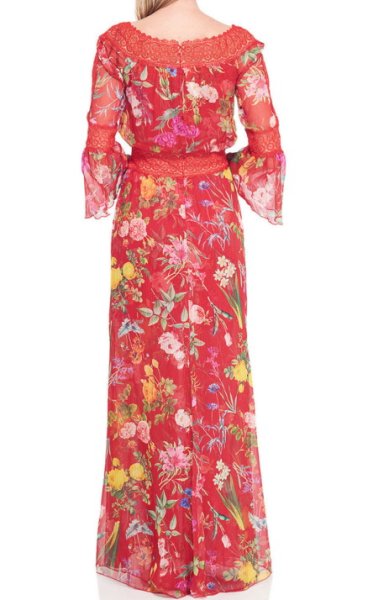 画像2: セール!Tadashi Shoji タダシショージ Missy-8 Off-the-Shoulder Floral Printed Sheer Gown  レッド系 (2)