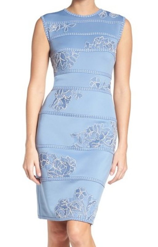 画像1: 再販売セール！【高橋真麻さん、山崎夕貴さんご着用】Tadashi Shoji   タダシショージ 　 Floral Applique Sheath Dress　ブルーストーン (1)