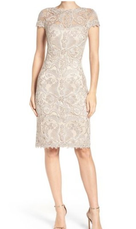 画像1: 【雑誌掲載】Tadashi Shoji  タダシショージ Corded Embroidery on Tulle Cap Sleeve Dress　Sandcastle ベージュ系  09273 (1)