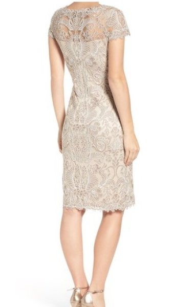 画像2: 【雑誌掲載】Tadashi Shoji  タダシショージ Corded Embroidery on Tulle Cap Sleeve Dress Sandcastle ベージュ系  09273 (2)