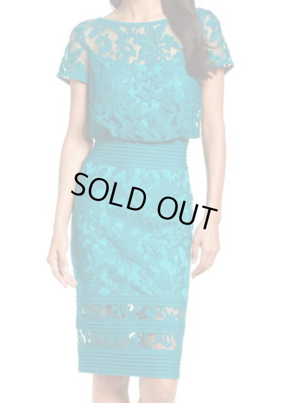 画像1: Tadashi Shoji タダシショージ    Embroidered Blouson Sheath Dress アクアブルー (1)