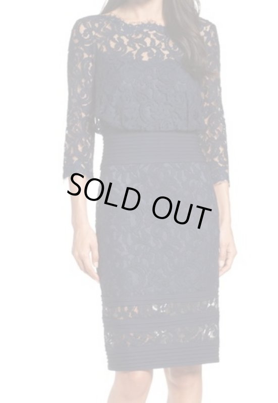 画像1: Tadashi Shoji タダシショージ    Pleat Waist Lace Blouson Dress ネイビー (1)
