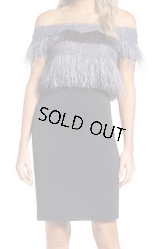 画像1: 【アンミカさんご着用】Tadashi Shoji タダシショージ   Off the Shoulder Sheath Dress ダークパール、ネイビー系 (1)