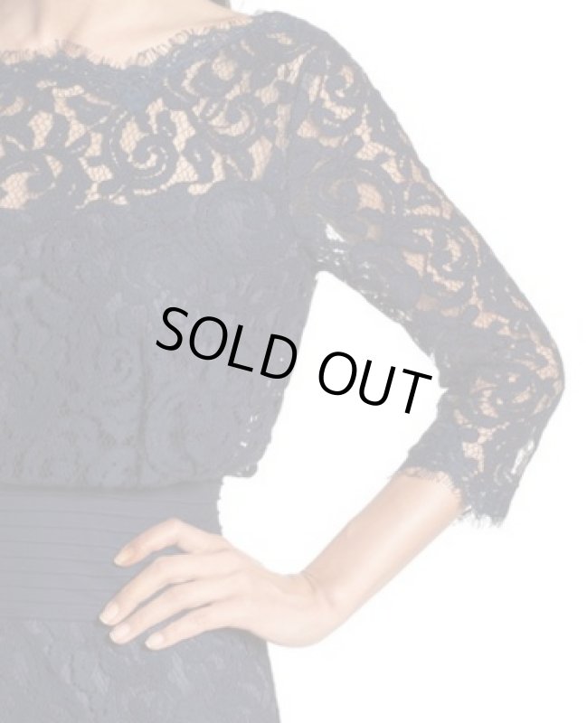 画像3: Tadashi Shoji タダシショージ    Pleat Waist Lace Blouson Dress ネイビー (3)