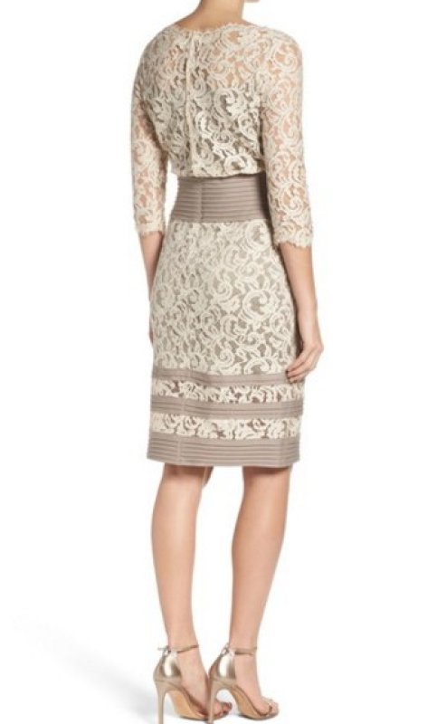 画像2: Tadashi Shoji タダシショージ    Pleat Waist Lace Blouson Dress ラテ ベージュ系 (2)