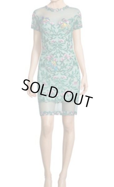 画像1: Tadashi Shoji タダシショージ　Floral Embroidered Cocktail Dress　グリーン系 (1)