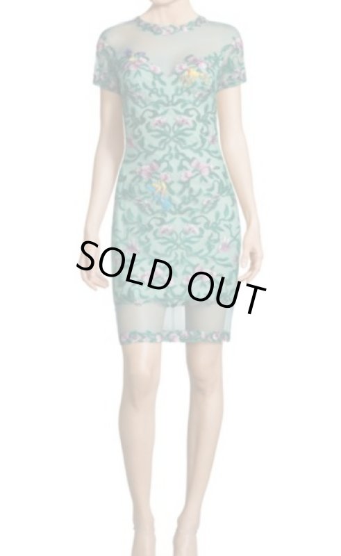 画像1: Tadashi Shoji タダシショージ　Floral Embroidered Cocktail Dress　グリーン系 (1)